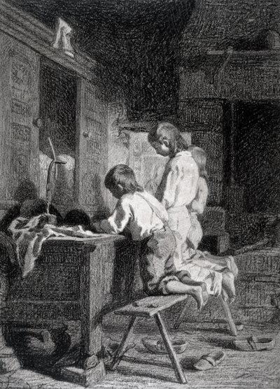 Interior with Three Boys Kneeling by Pierre Edouard Frere